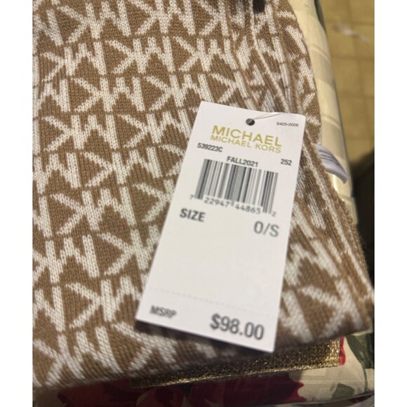 Michael Kors Knit Scarf & Hat Set O/S Beige White MK Logo Design Fall - Picture 4 of 4